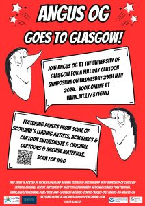 cartoon speech bubbles containing information about booking the angus og symposium