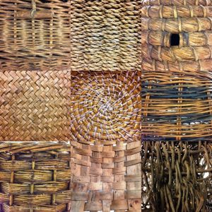 Top L-R: randing with different thickness weavers, woven marram grass, straw-coiling. Middle L-R: ‘herringbone’ pattern weave with rushes (?), coiled marram grass, randing with different coloured willow. Bottom L-R: slewing, split wood weaving, randing with heather 