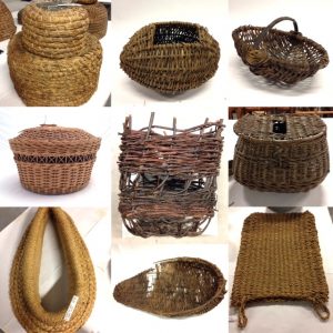 Top row, L-R: bee skep, wool mudag, basket with handle. Middle row, L-R: needlework basket, peat creel, angling basket. Bottom row, L-R: horse collar, line basket, grain bag. 