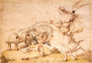 Skeps have been used for centuries. Here they feature in Albrecht Dürer’s Cupid the Honey Thief – Pen and ink and watercolour on paper, 1514. Image credit: Web Gallery of Art