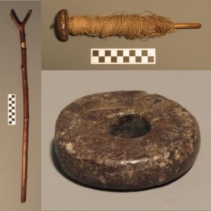 Left – Distaff KIGHF.RB.0027; Top – Spindle and whorl KIGHF.RB.0029.a and b; Bottom – Stone whorl KIGHF.RB.0012