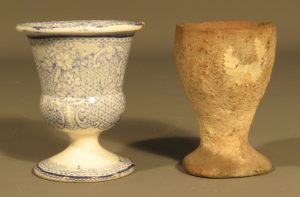 Blue and white china egg cup and Barvas Ware egg cup KIGHF.2017.030 