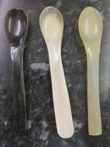 Three finished spoons, made by Bill, showing a variety of colours that occurs naturally within horn. He kindly gave one spoon each to Rhona, Rachael and I.