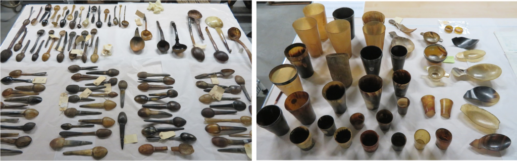 The Highland Folk Museum’s collection of hornware, including spoons and tumblers.