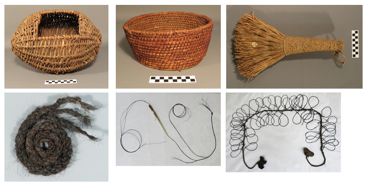 Objects from the Highland Folk Museum on display at An Lanntair (From top left, running clockwise – mudag, ciosan, marram grass brush, puffin snare, horsehair line and quill, sample of horsehair rope)
