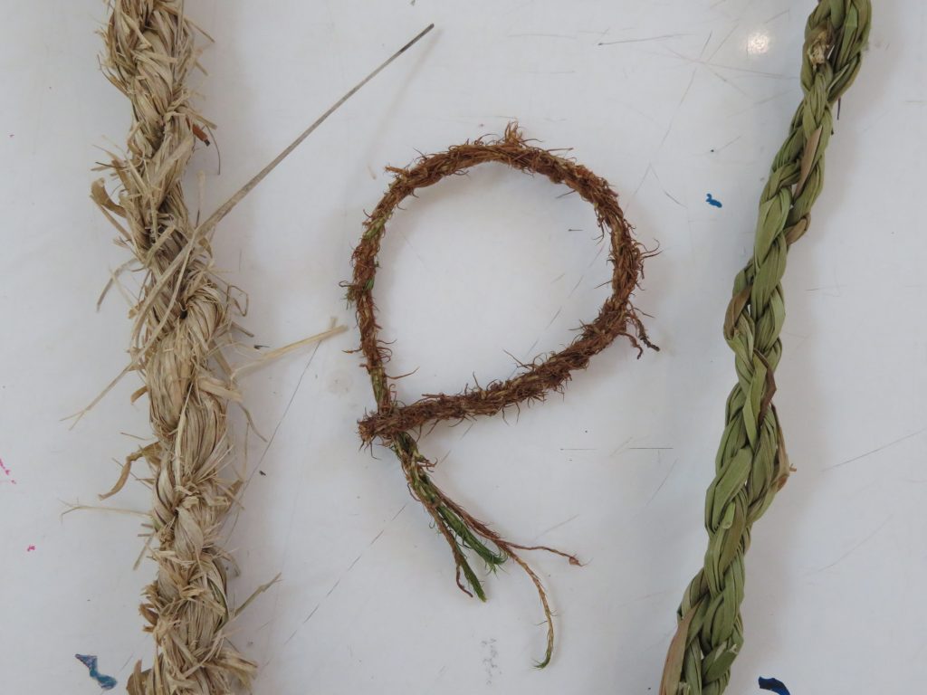 Some rope I made – L-R, purple oat straw, moss, reed