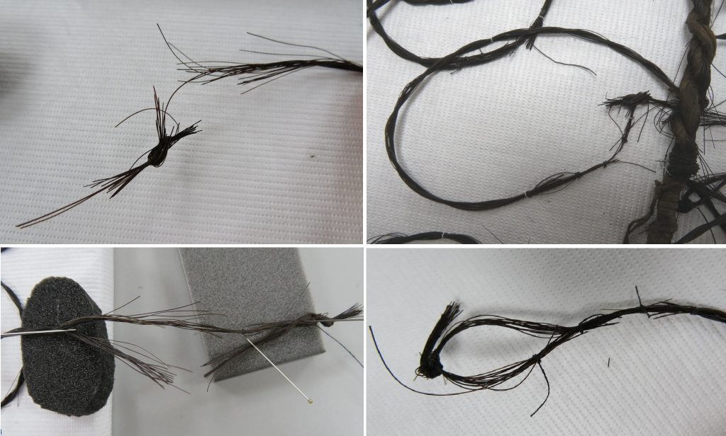 Some breaks to the horsehair nooses before (left) and after (right) tying with cotton thread