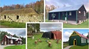 Clockwise from top left: Blackhouse, Boleskine Shinty Pavilion, Knockbain School, Travellers’ Summer Encampment, Lochanhully House