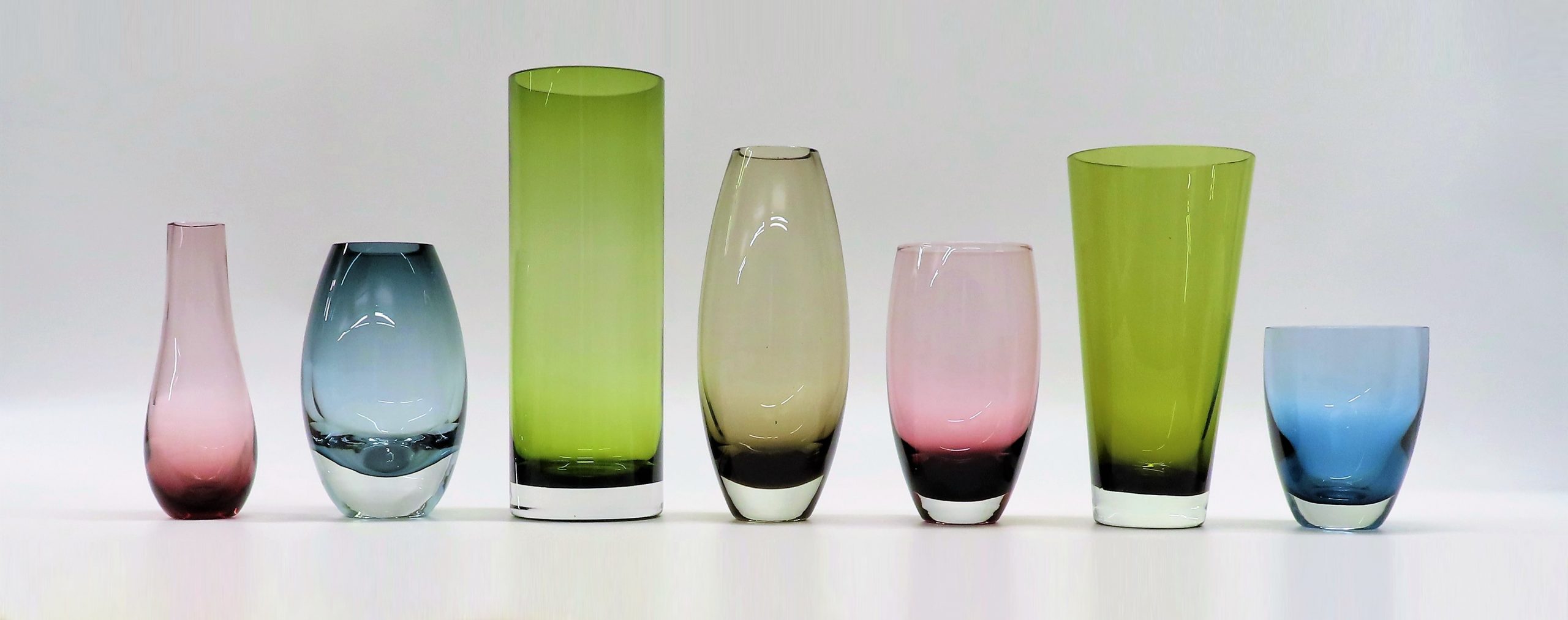 7 vases of different shapes and colours by Caithness Glass, 1960s