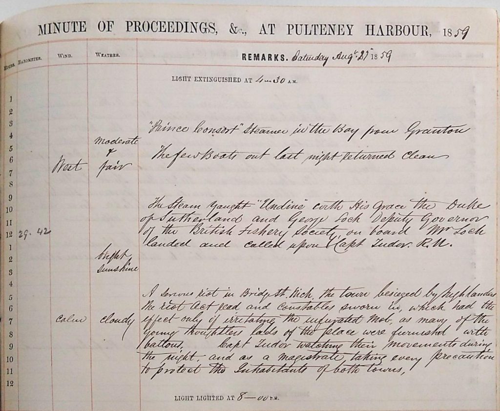 Harbour Master Log Book entry for the 27th of August, 1859