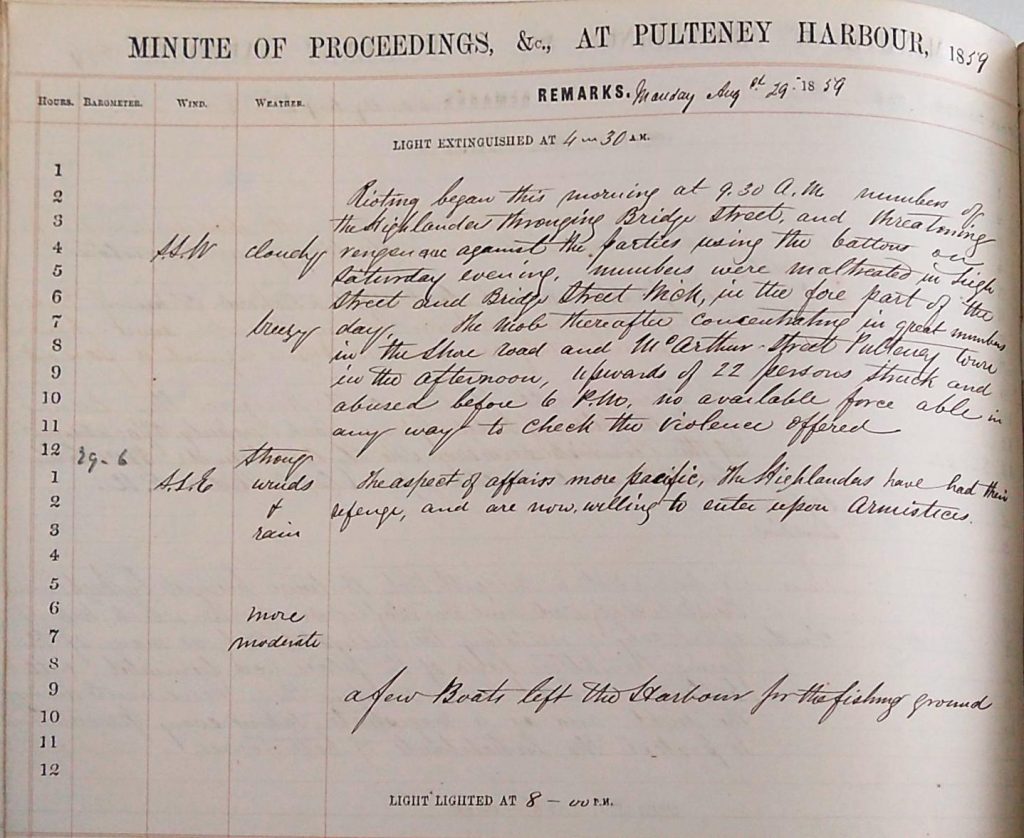 Harbour Master Log Book entry for the 29th of August, 1859