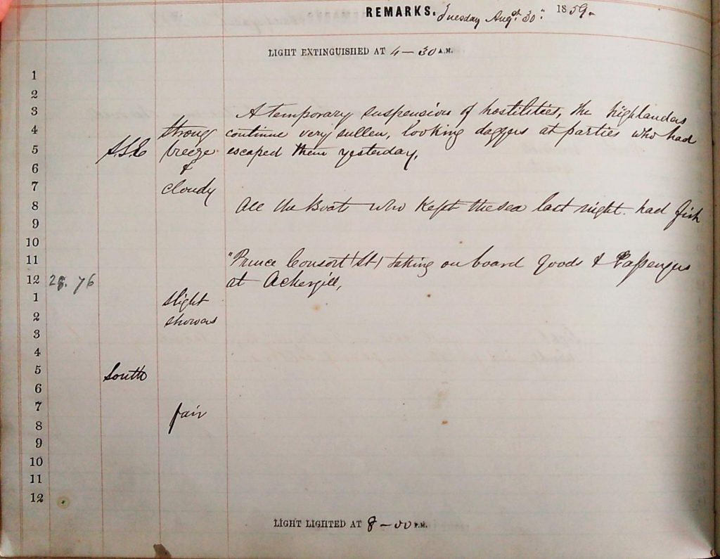 Harbour Master Log Book entry for the 30th of August, 1859