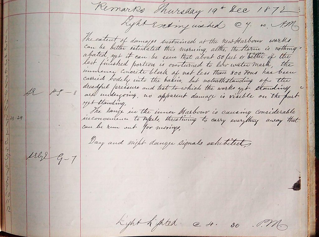 Harbour Master Log Book entry for the 19th of December, 1872