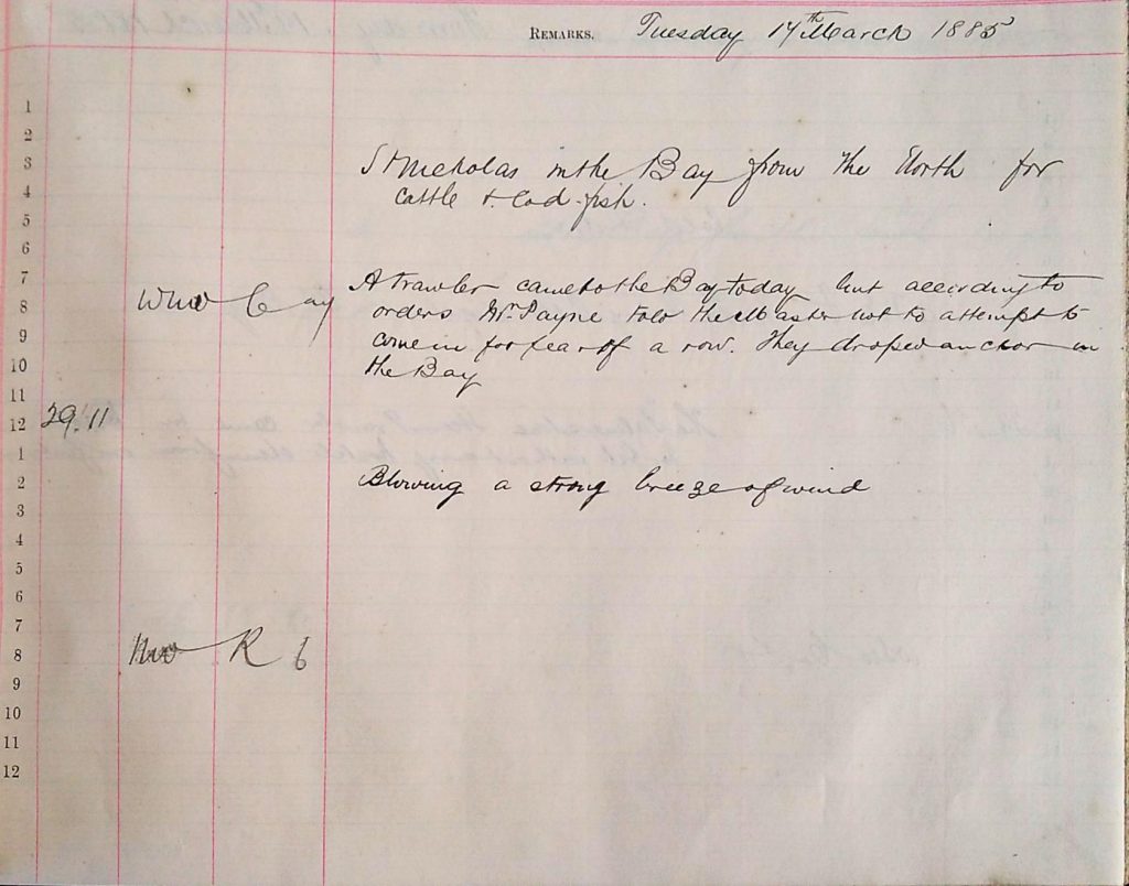 Harbour Master Log Book entry for the 17th of March, 1885