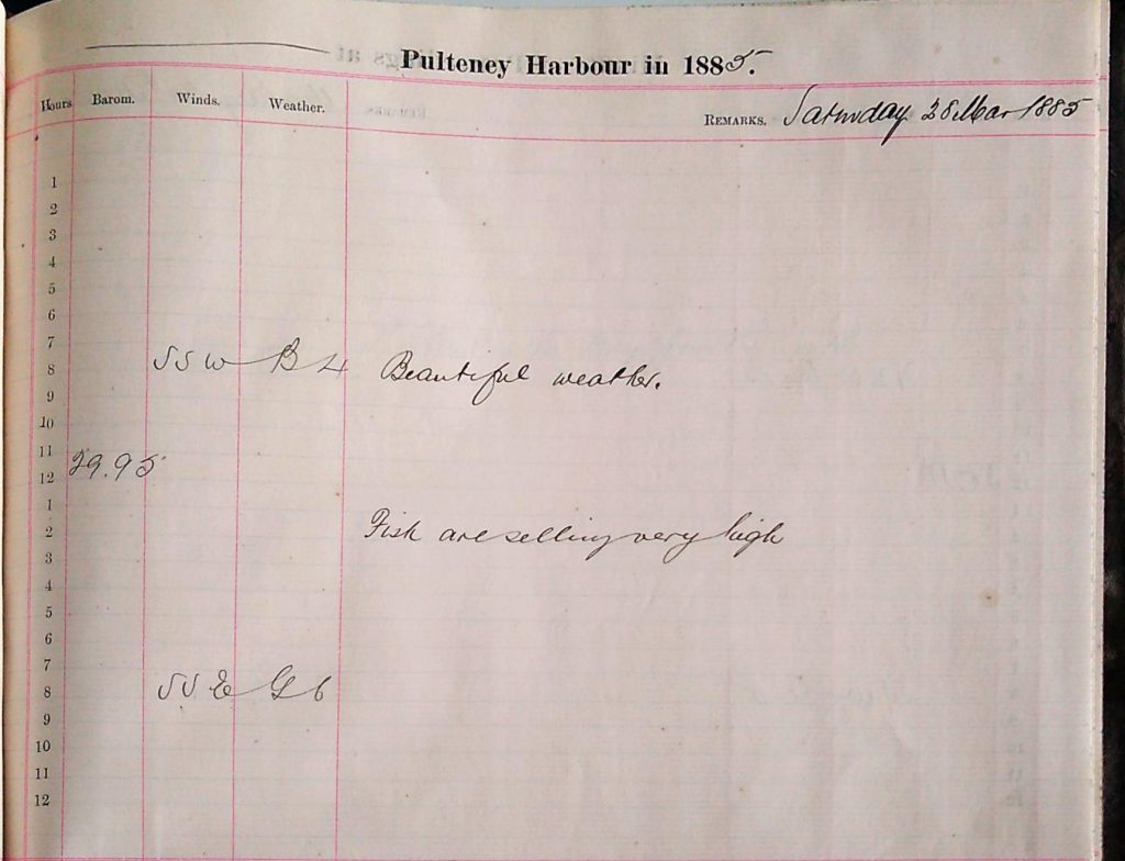 Harbour Master Log Book entry for the 28th of March, 1885