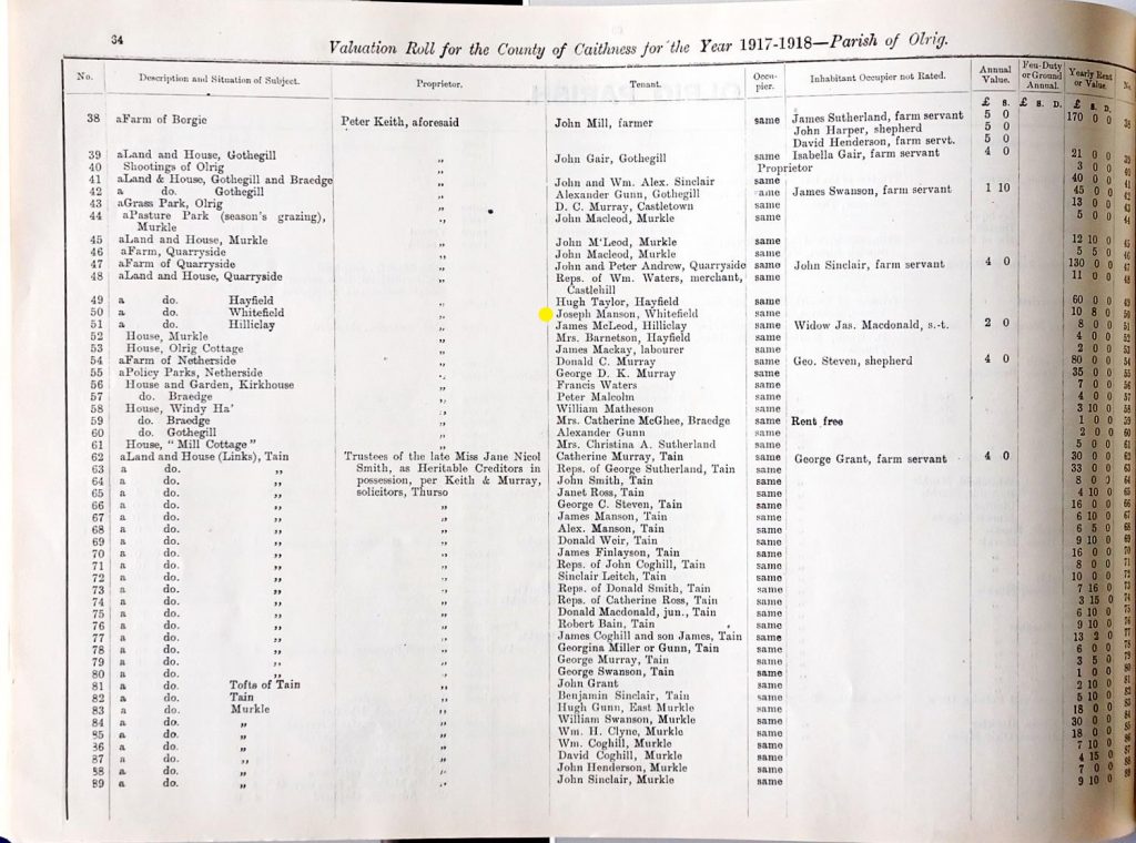 Olrig Parish Valuation Rolls 1917-1918 (CC/4/2/24)