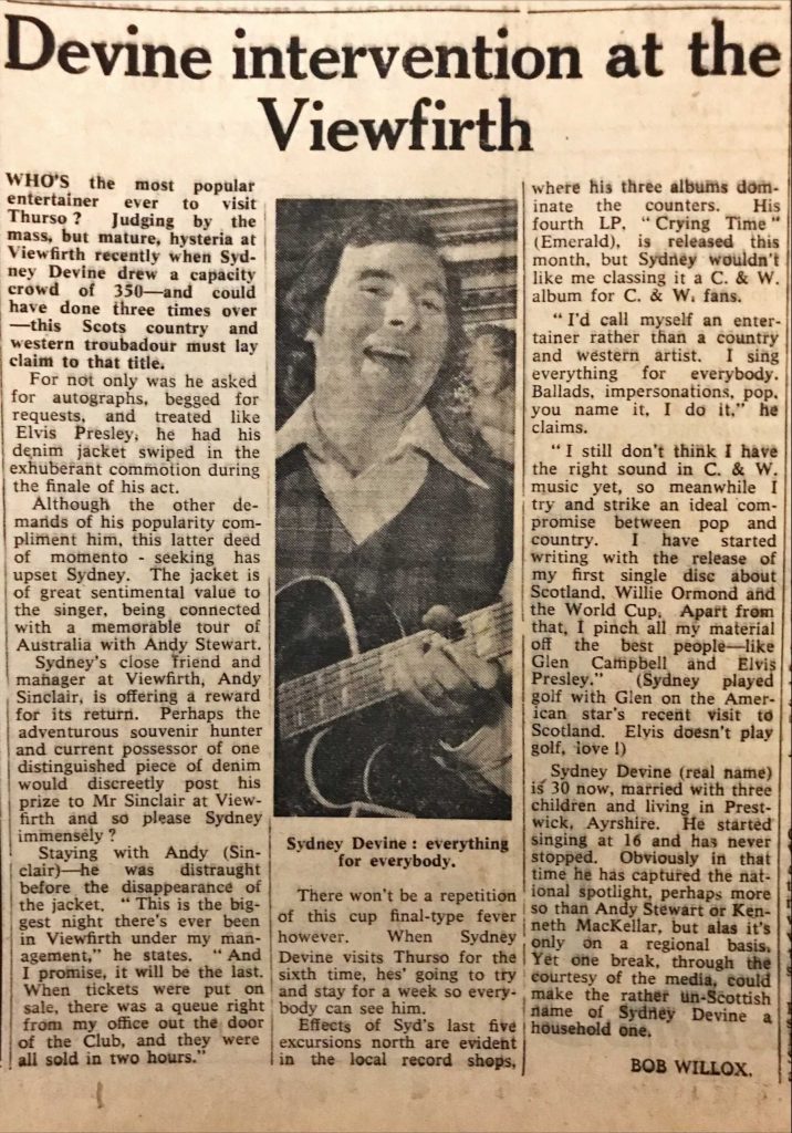 Sydney Devine at the Viewfirth Caithness Courier 3rd April 1974 (Ref: P953)