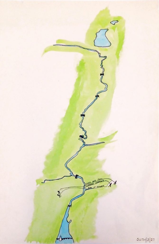 Drawing of the waterway of Gillock Burn with fishing spots marked (SUTH/3/27) 