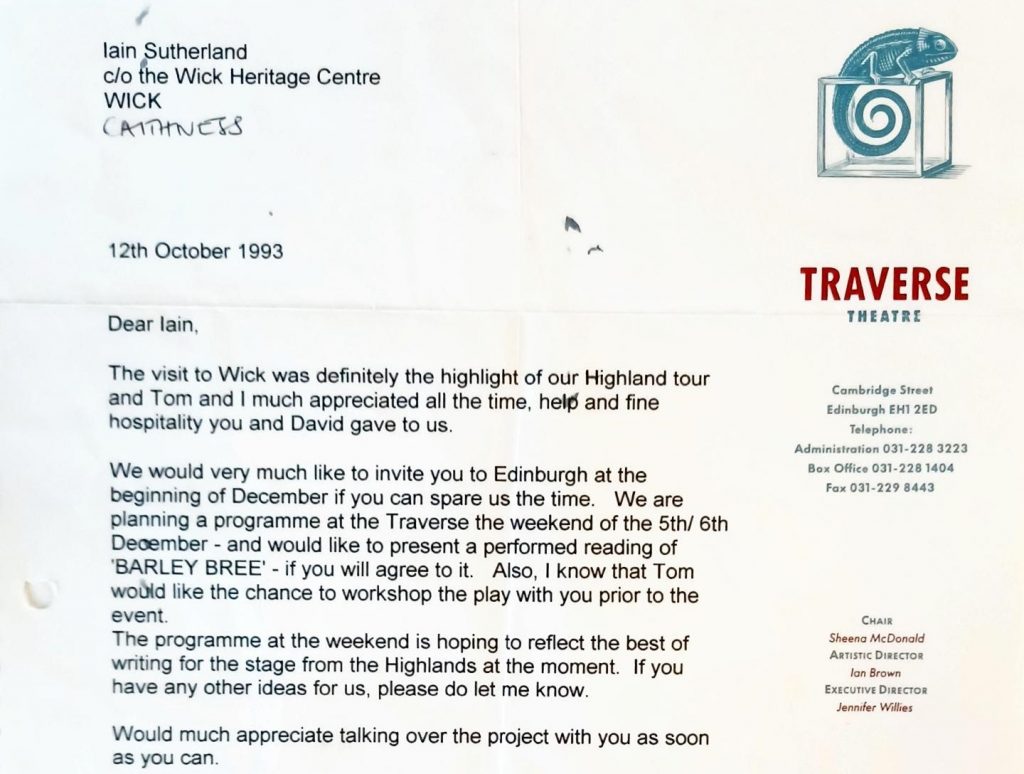 Letter from the Traverse Theatre in Edinburgh to Iain Sutherland (SUTH/7/15)