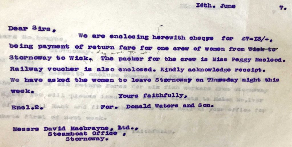 Letter to the Steamboat Office in Stornoway enclosing payment for Peggy and her crew’s travel to Wick (Ref: WAT/2)