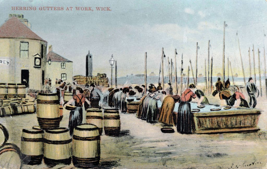 Postcard showing the herring gutters at work in Wick Harbour (Courtesy of Am Baile)