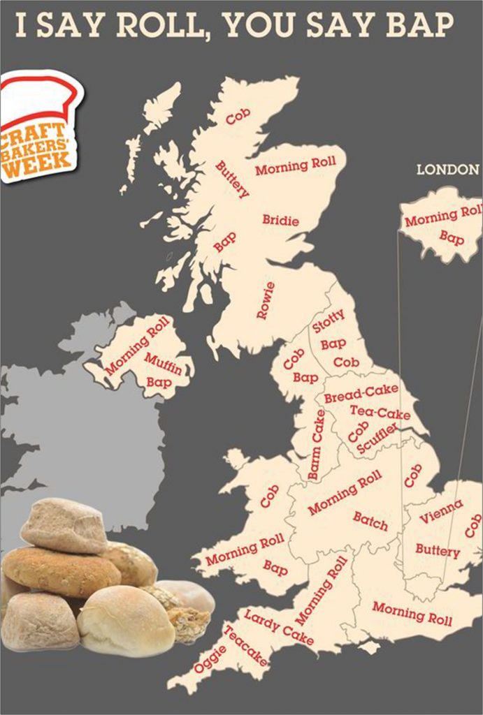 Dialect map of UK showing the anecdotal distribution of regional names used for bread[17]
