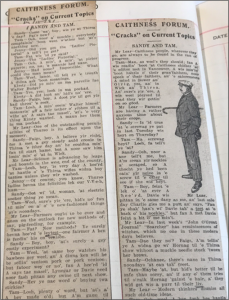 Clipping from ‘ “Cracks” on Current Topics’ in the John O’Groat Journal featuring the characters Sandy and Tam in conversation with Mr Lear — A Collection of Caithness Dialect 1933 — Caithness Archives (P130)
