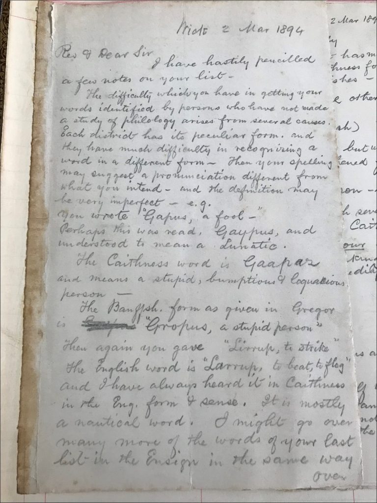 First page of a handwritten letter from David Nicolson to John Horne dated Friday 2 March 1894 — A Collection of Caithness Dialect 1933 — Caithness Archives (P130)