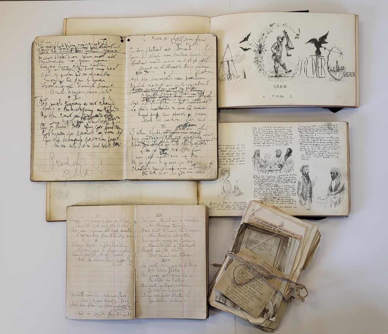 Image contains collage of four notebooks, Gaelic handwriting and pencil drawings by Rev Donald MacCallum