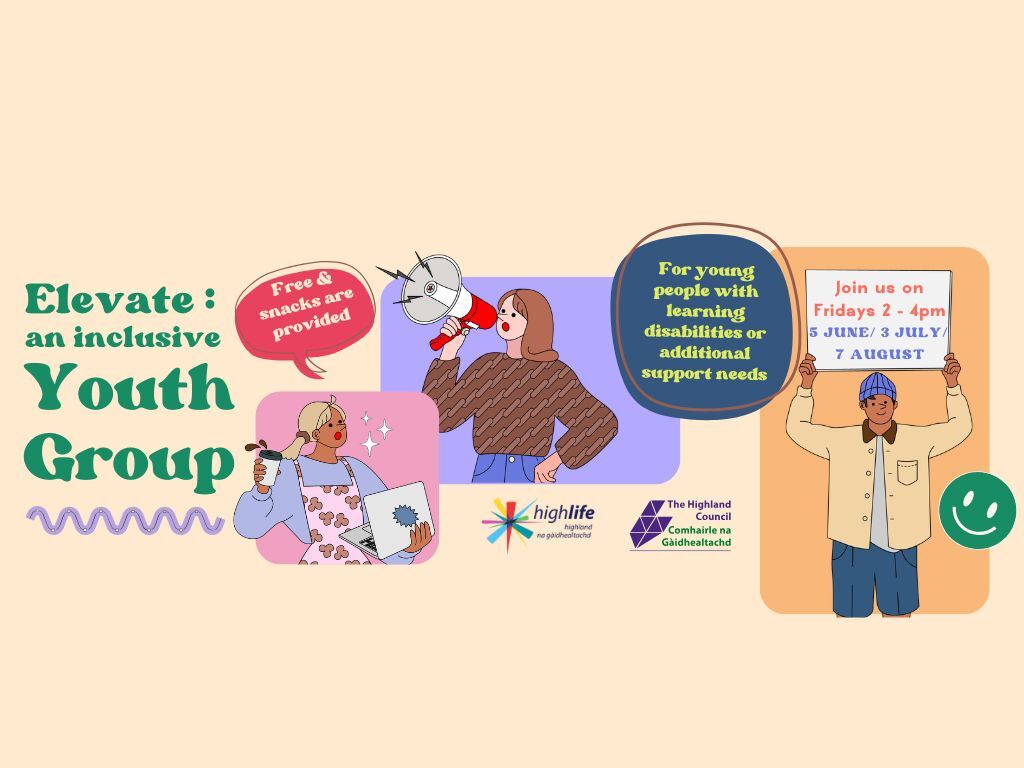 Elevate inclusive youth group poster with text: “Free snacks provided,” “For young people with learning disabilities or additional support needs,” and “Fridays 2–4pm: 5 June / 3 July / 7 August,” with illustrations and partner logos.