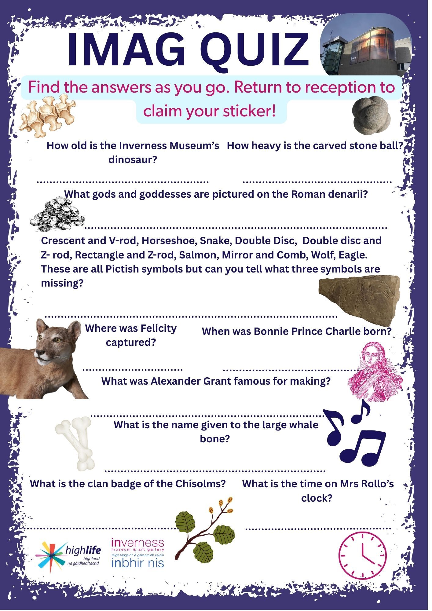A colourful quiz sheet titled “IMAG QUIZ” with illustrated objects including bones, a carved stone ball, a wolf, musical notes, a clock, and a Pictish stone. It features a series of museum‑themed questions about dinosaurs, Roman coins, Pictish symbols, historic figures, and local heritage, along with decorative icons and museum logos at the bottom.