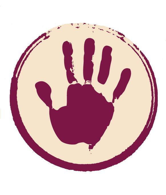 A simple graphic of a dark red handprint inside a circular border on a light background.