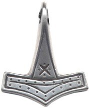 A metal pendant shaped like a hammer, engraved with geometric patterns and dots.