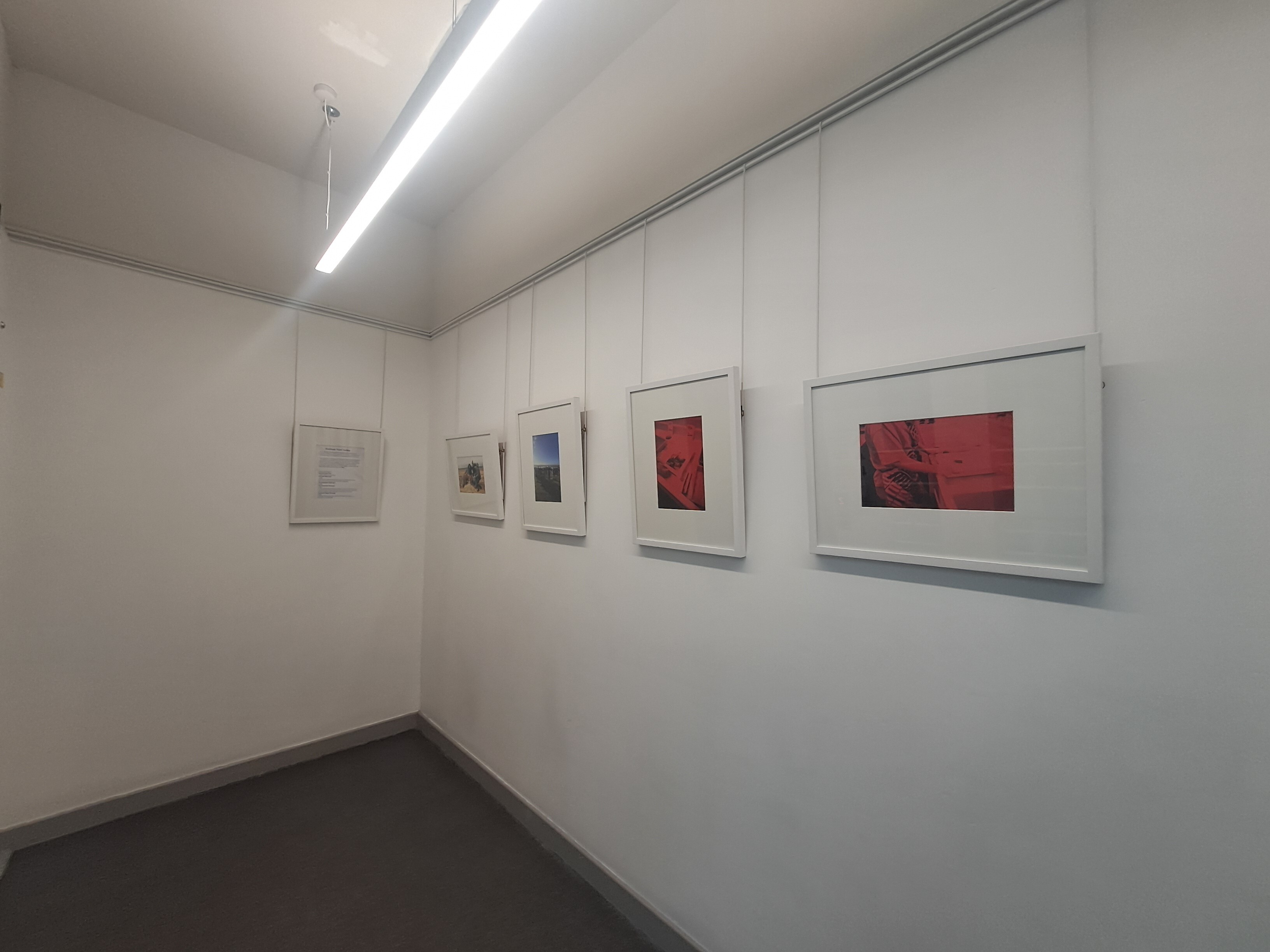 A small gallery-style space with white walls displaying a row of framed photographs hanging in a neat line under bright ceiling lights.