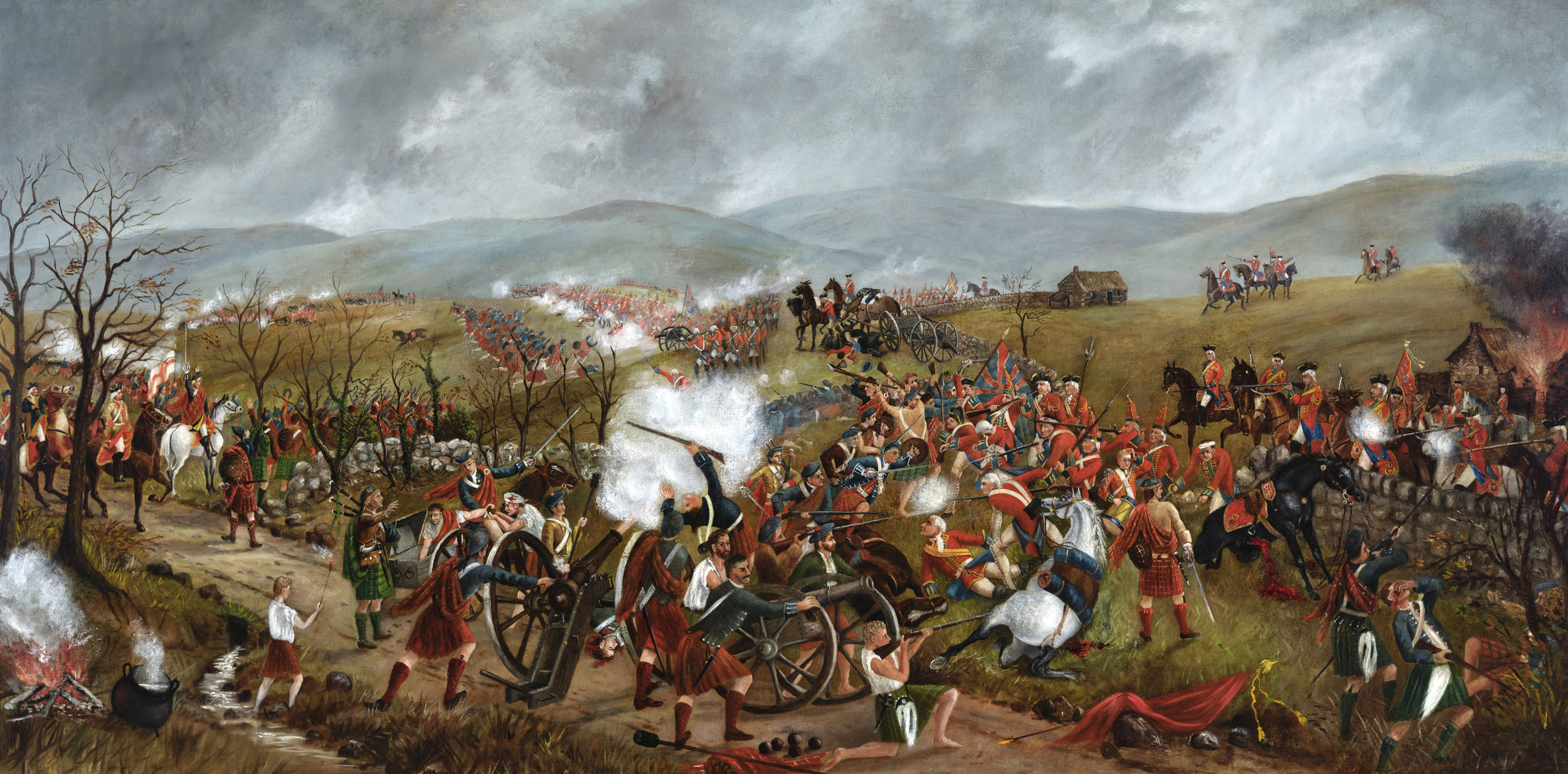 A large, long rectangular canvas painted with the chaotic scene of a battle in progress. There are lines of soldiers in red coats and Highlanders in tartan and clouds of smoke from muskets.  In the foreground there are field guns (cannon) with clouds of smoke.  Several horses and men have been injured and lie bleeding.  In the distance there is a cottage and hills beyond.  The sky is grey.