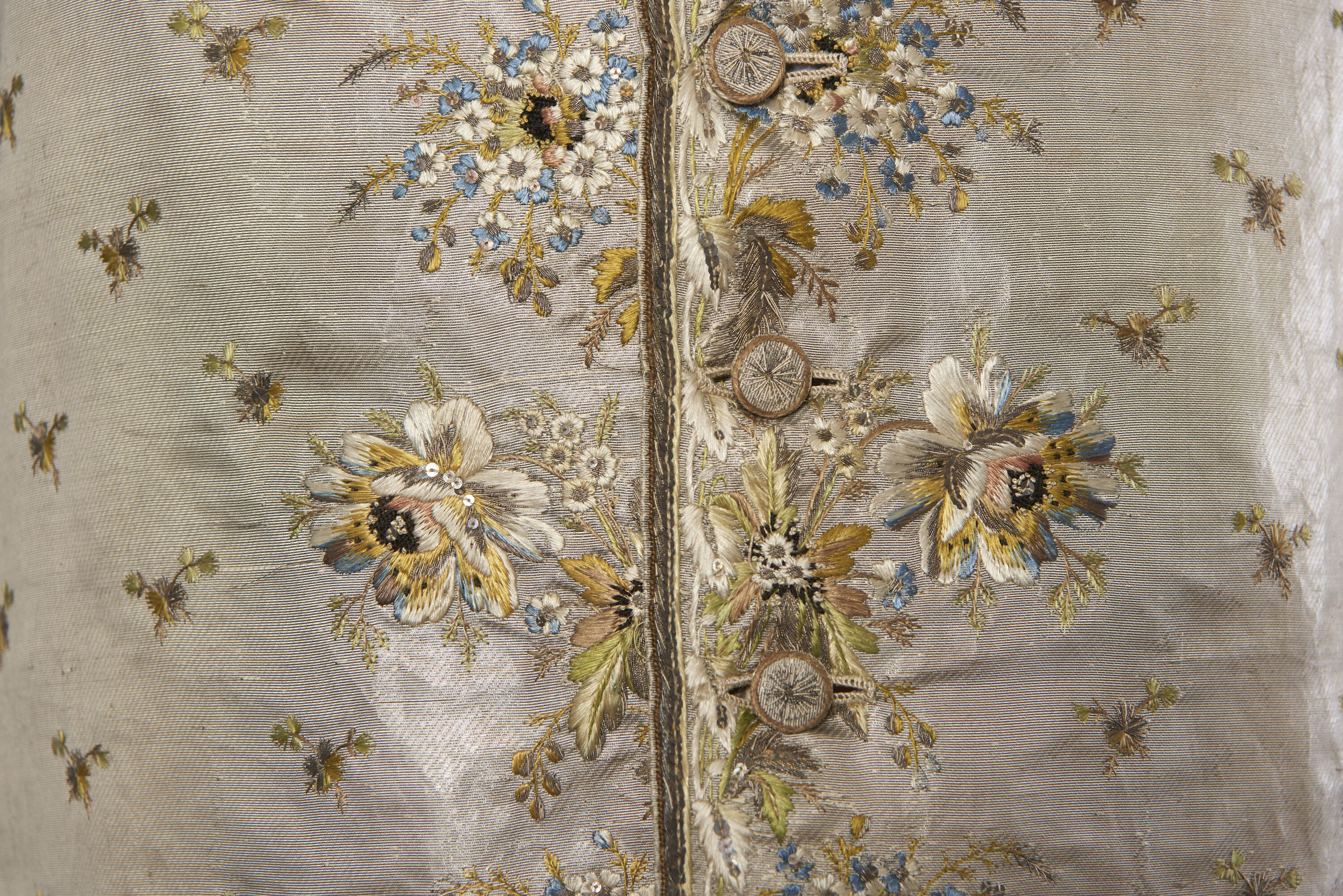 Close-up detail showing the embroidery on a silk waistcoat said to have belonged to the exiled Jacobite prince, Charles Edward Stuart, better known as 'Bonnie Prince Charlie'.