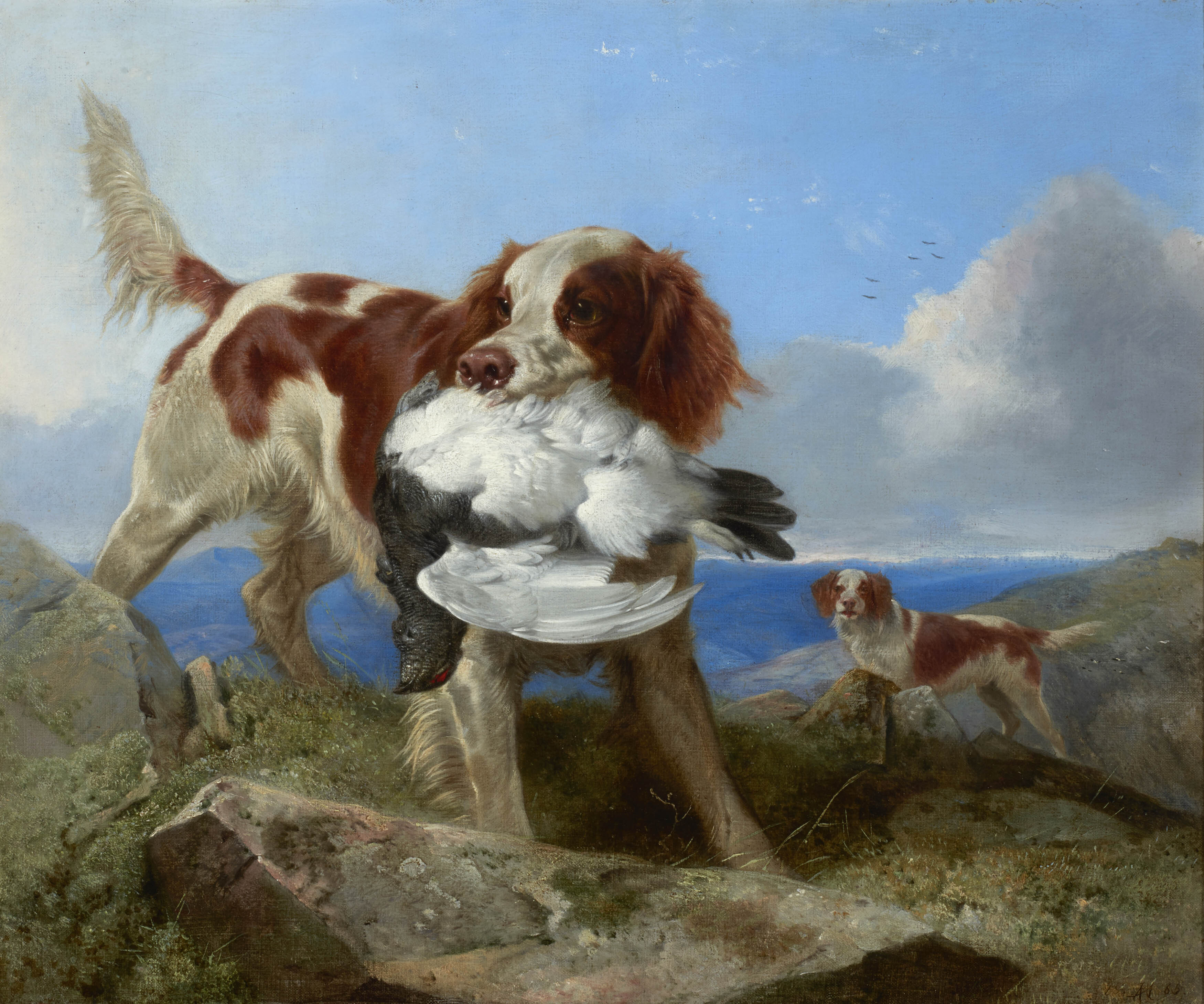 An oil painting showing two brown and white dogs in a hilly landscape.  The dog in the foreground is holding a dead bird in its mouth.  The sky above is very blue with fluffy white clouds.