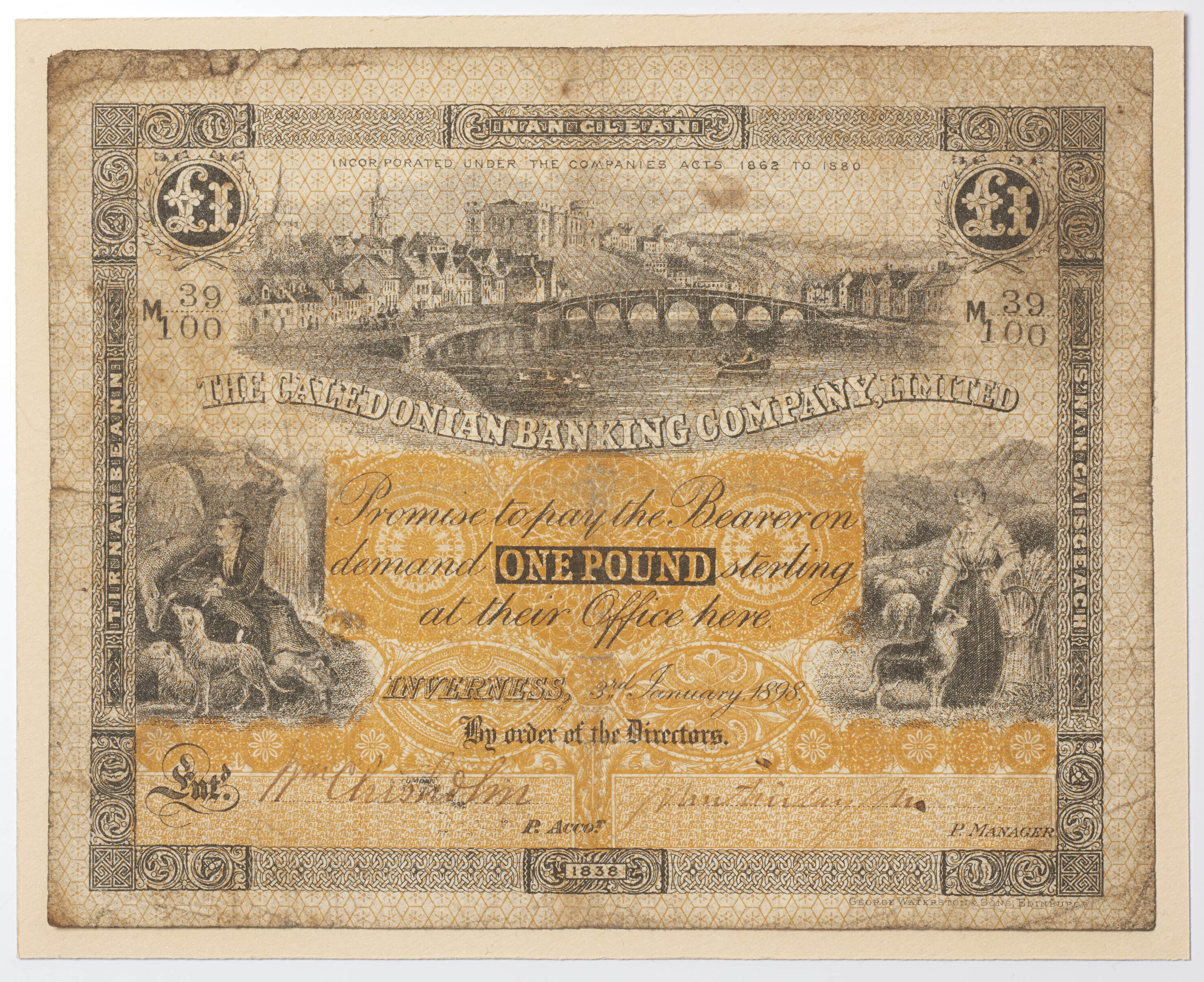 A rectangluar paper banknote, printed in black and yellow over white, with inscriptions and scenes, including a view of Inverness from the river. ONE POUND is printed in the centre.