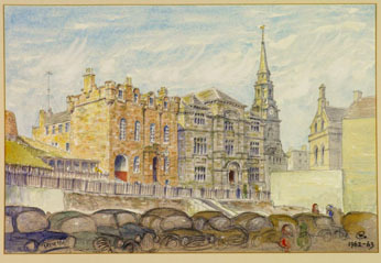 Watercolor painting of a historic street with two stone buildings and a cloudy sky. Inverness steeple clock tower in the background. The foreground shows a row of parked cars.