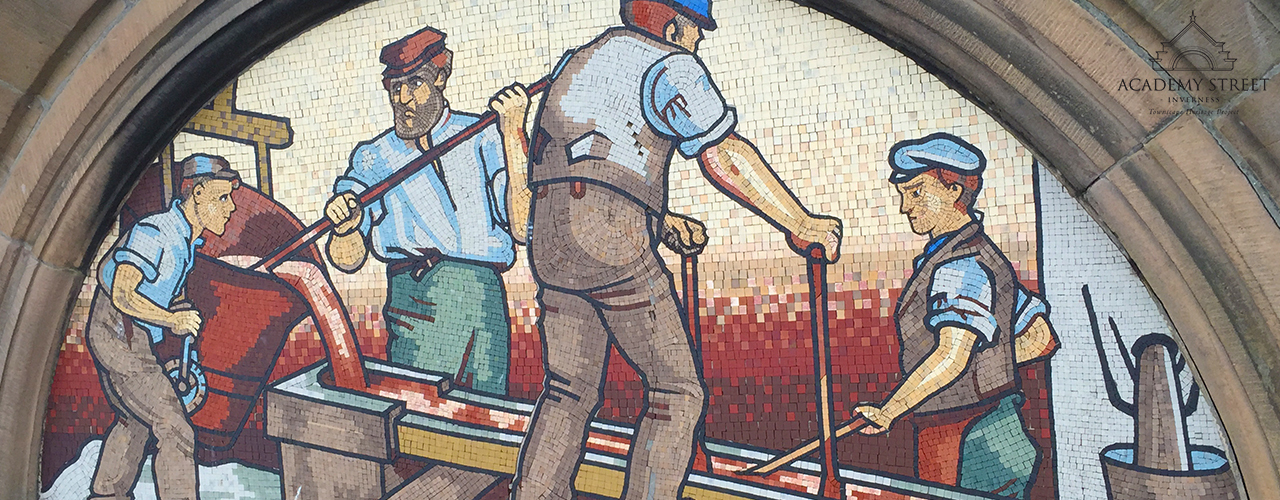 Detail of one of the mosaics on the former Rose Street Foundry building on Academy Street, Inverness. The colourful image shows four metalworkers pouring moulten metal from a large drum into a long mould.