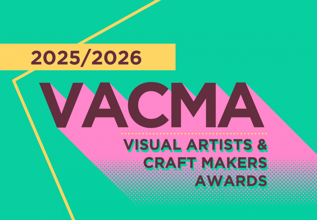 A graphic which has brown text saying Visual Artists and Craft Makers Awards on a green and pink background.