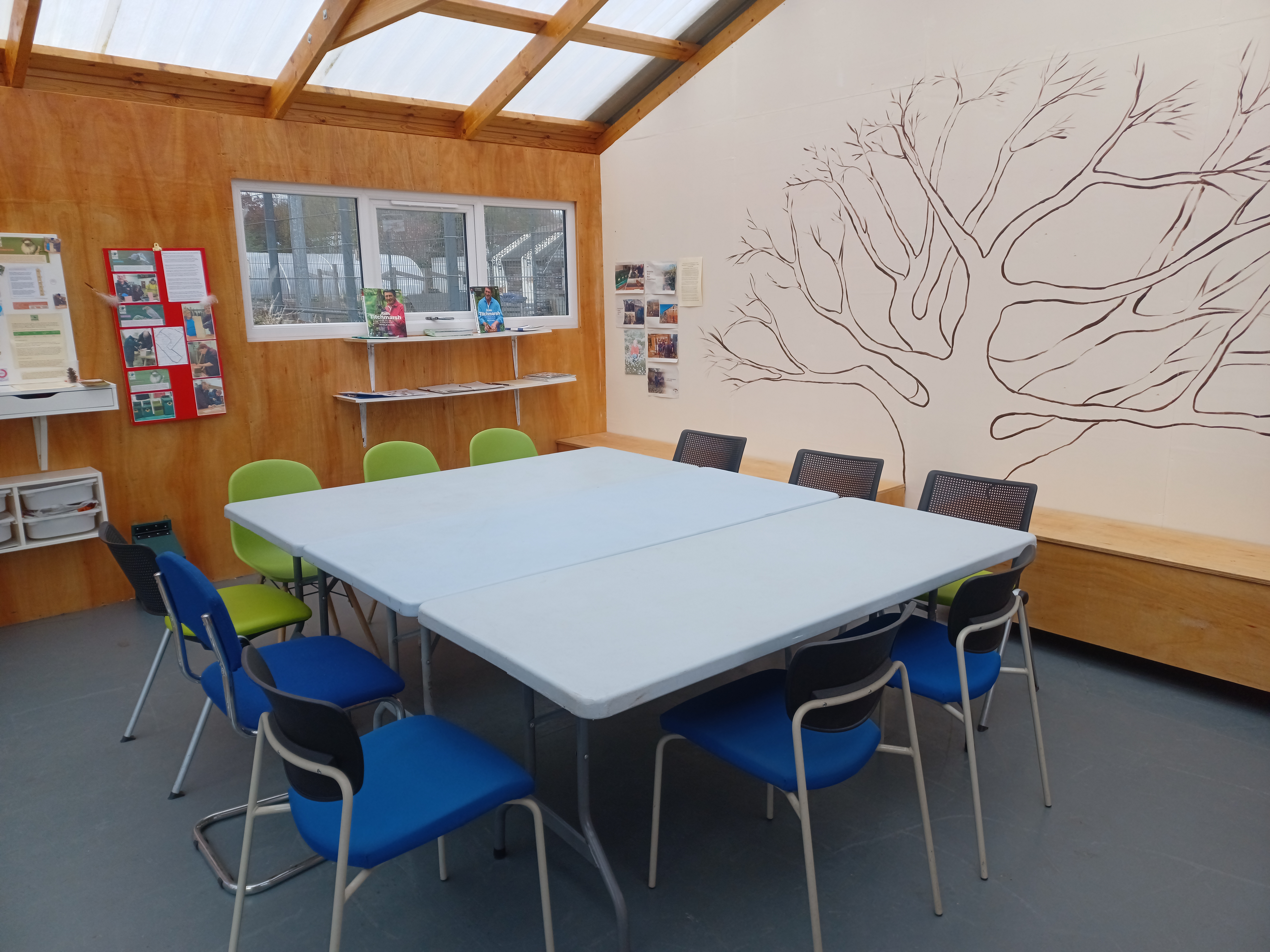 Interior of an educational shed featuring a tree wall mural and tables and chairs centered in the middle.