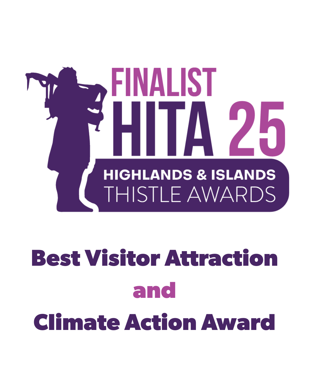 Highlands and Islands Thistle Awards 2025 logo of a bagpiper. States Inverness Botanic Gardens and Café being a finalist for 'Best Visitor Attraction' and 'Climate Action Award'.