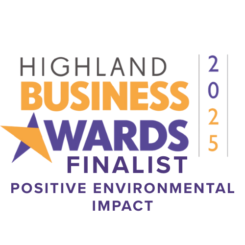 Highland Business Awards 2025 logo with an orange and purple star. States Inverness Botanic Gardens and Café being a finalist for 'Positive Environmental Impact'.