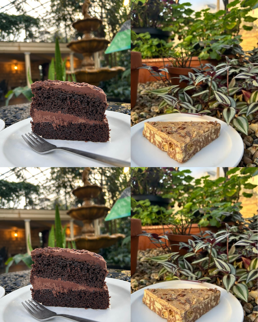 Collage with one photo of a large slice of chocolate cake inside a tropical house and a fountian in the background. Second photo is a slice of malteser slice lit by the golden sun and surrounded by tropical planting.