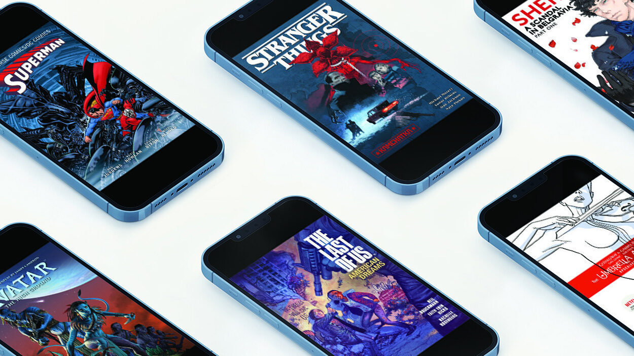 Multiple smartphones arranged diagonally on a light background, each displaying a different comic or graphic novel cover including “Superman,” “Stranger Things,” and “Avatar,”