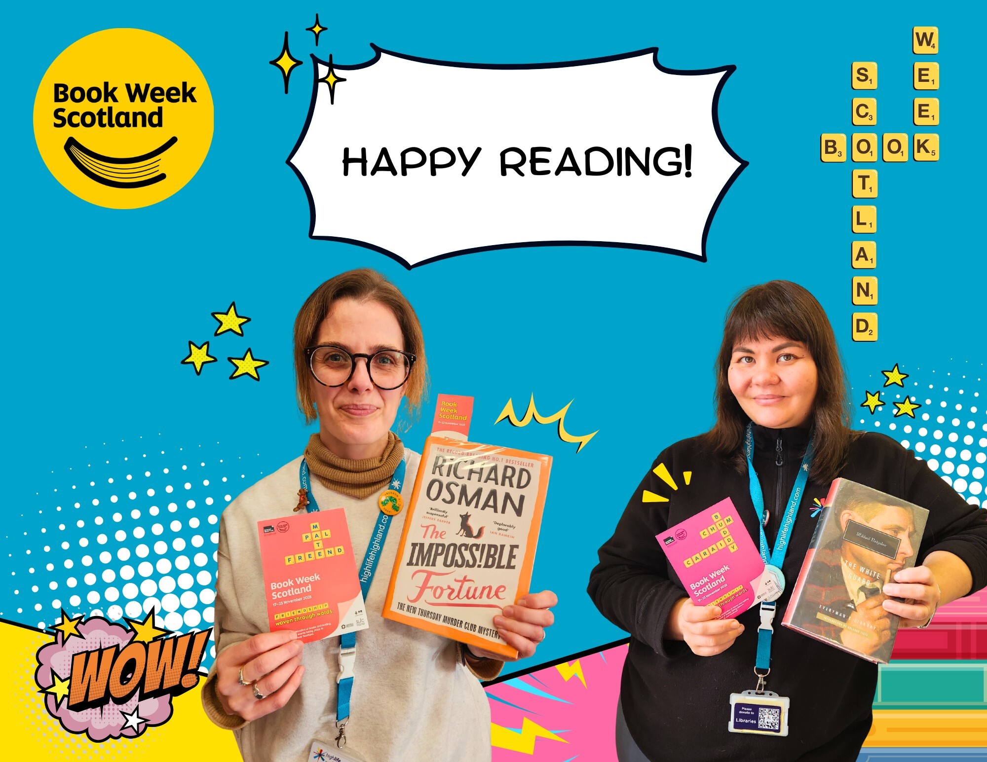 Two female librarians holding up books with blue background.