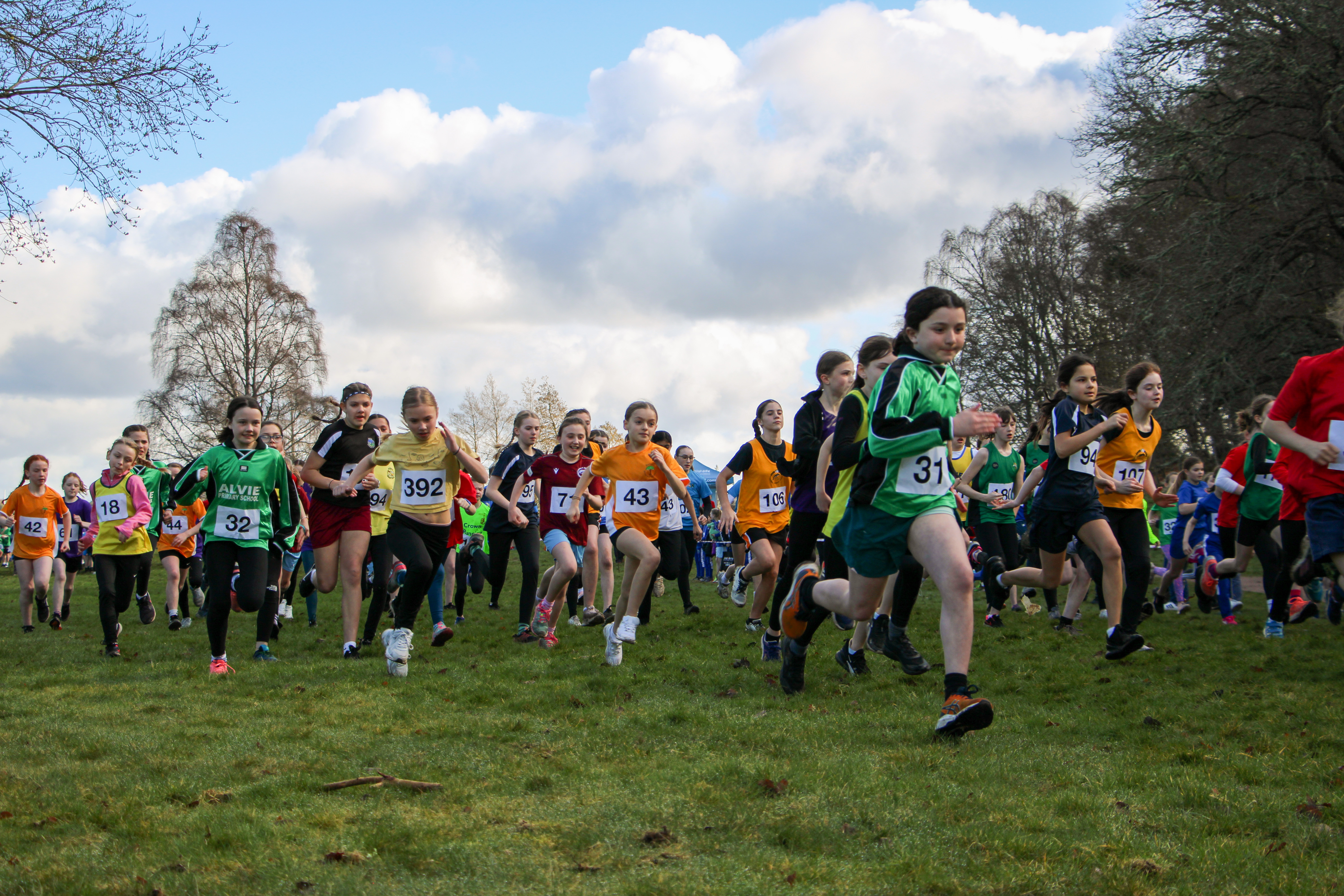 Primary school girls set off from the start line at the McRobert Cup cross-country race on a bright winter's day.