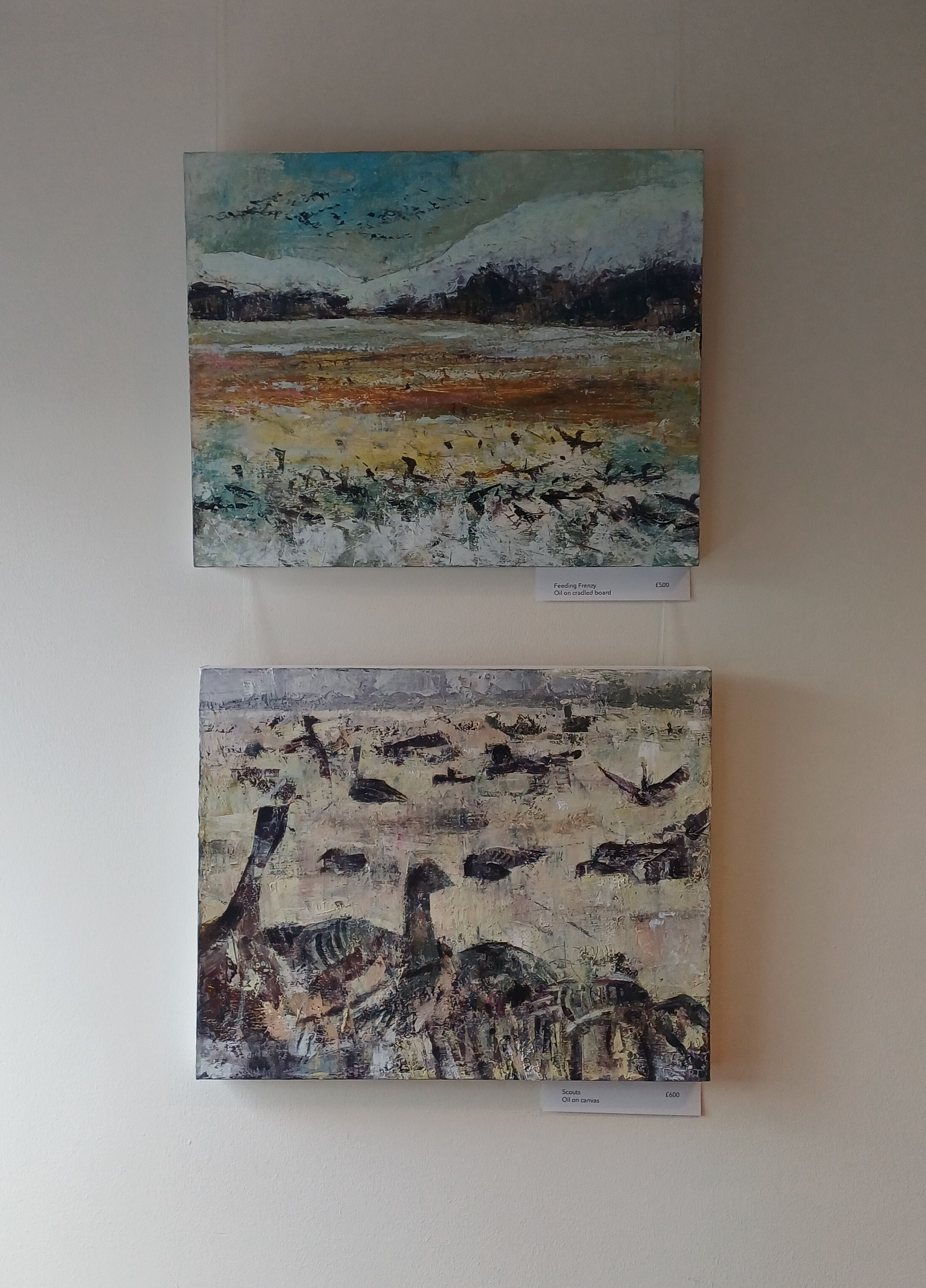 Two framed bird paintings stacked on wall