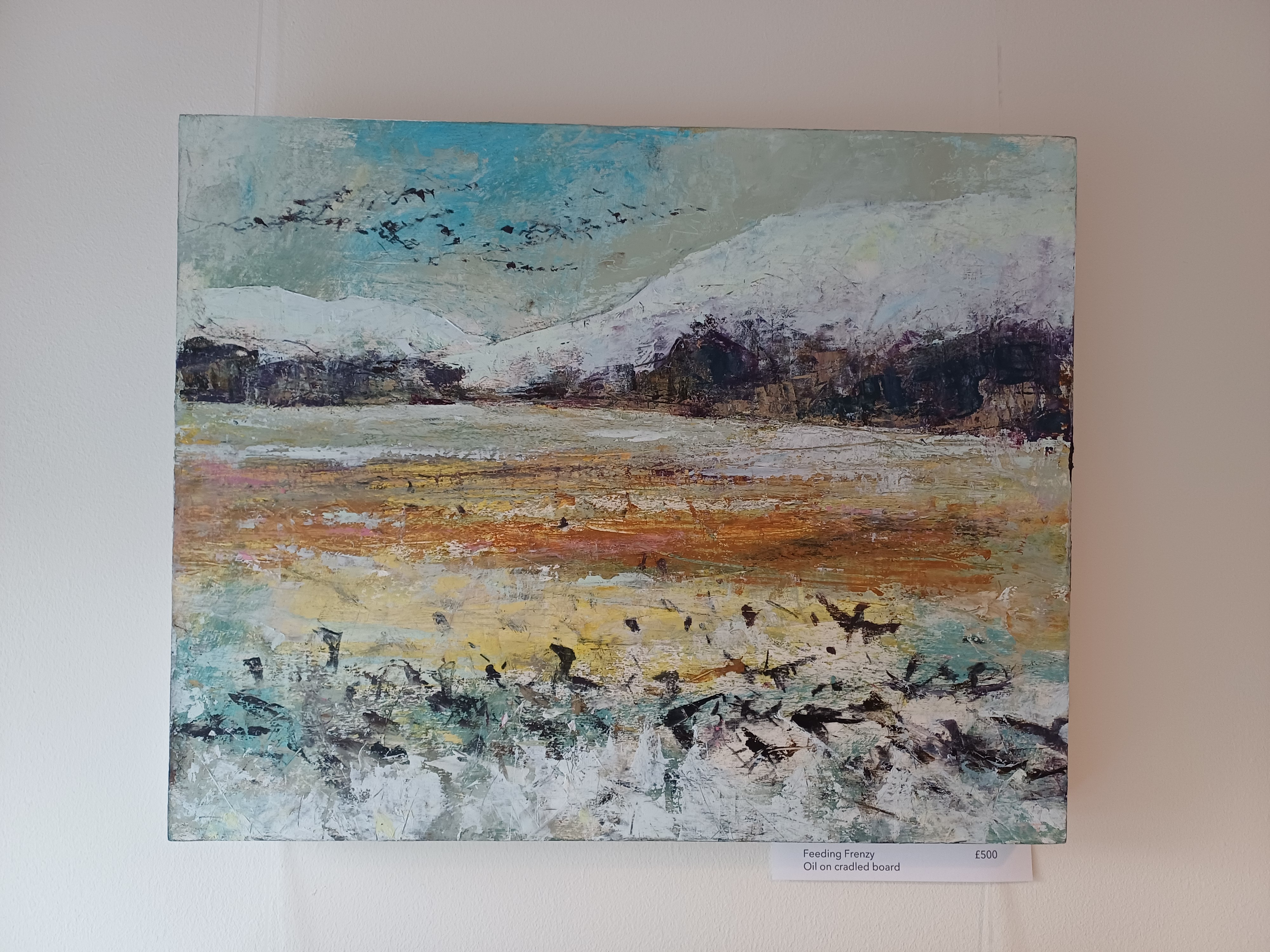 Painting of geese in a coastal field